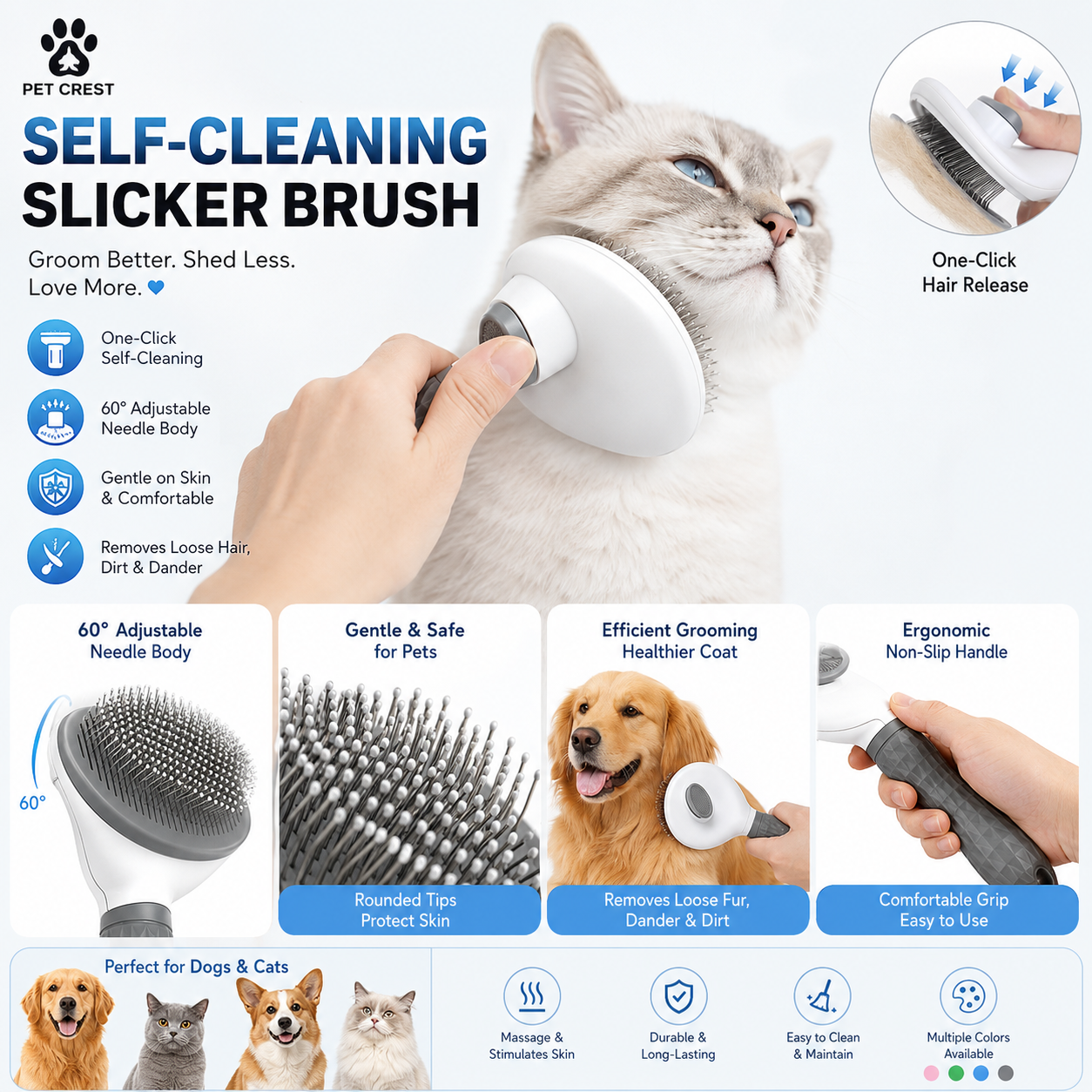 Pet Crest™ Self-Cleaning Slicker Brush – One-Click Deshedding & Grooming Tool for Dogs & Cats