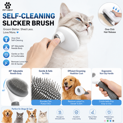 Pet Crest™ Self-Cleaning Slicker Brush – One-Click Deshedding & Grooming Tool for Dogs & Cats