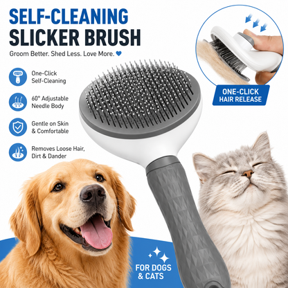 Pet Crest™ Self-Cleaning Slicker Brush – One-Click Deshedding & Grooming Tool for Dogs & Cats
